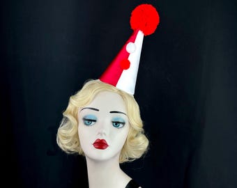 Half White, Red Mini Clown Hat, Big Pom Pom Topped, Halloween Costume, Circus Headpiece, Carnival Headwear, Birthday Party, Clowncore