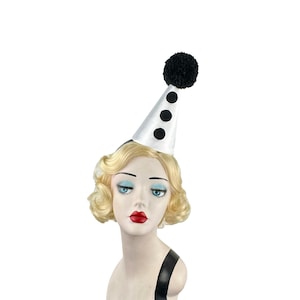 Perriot Clown Hat, Black and White Satin, Cirque, Birthday Party Hat, Kids, Adults, Carnival, Halloween Costume