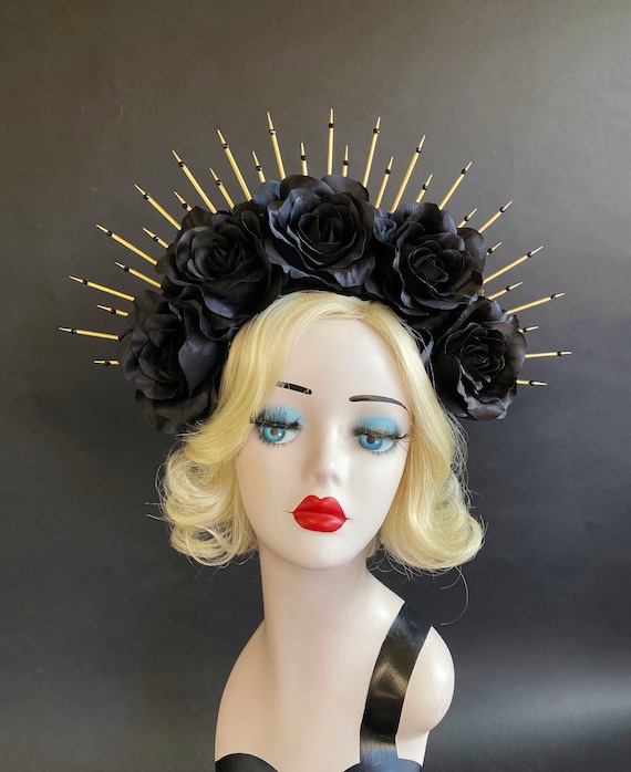 Black and Gold Rose Halo Crown, Black Crystals, Goth Wedding  display picture 2