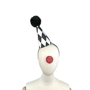 Clown Hat, Black, White, Diamond Pattern, Classic Circus, Halloween Costume, Adjustable Headband, Theatrical Costuming, Jester, ClownCore