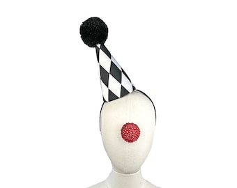 Clown Hat, Black, White, Diamond Pattern, Classic Circus, Halloween Costume, Adjustable Headband, Theatrical Costuming, Jester, ClownCore