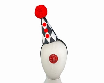 Clown Hat, Black, White, Red,  Diamond Pattern, Circus, Halloween Costume, Adjustable Headband, Theatrical Costuming, Jester, ClownCore