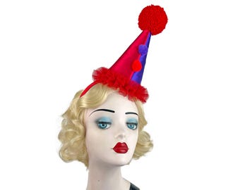 Tulle Ruffled Red and Purple Clown Hat, Scary Clown Costume, Cirque, Kid's Birthday Party, Adult Halloween