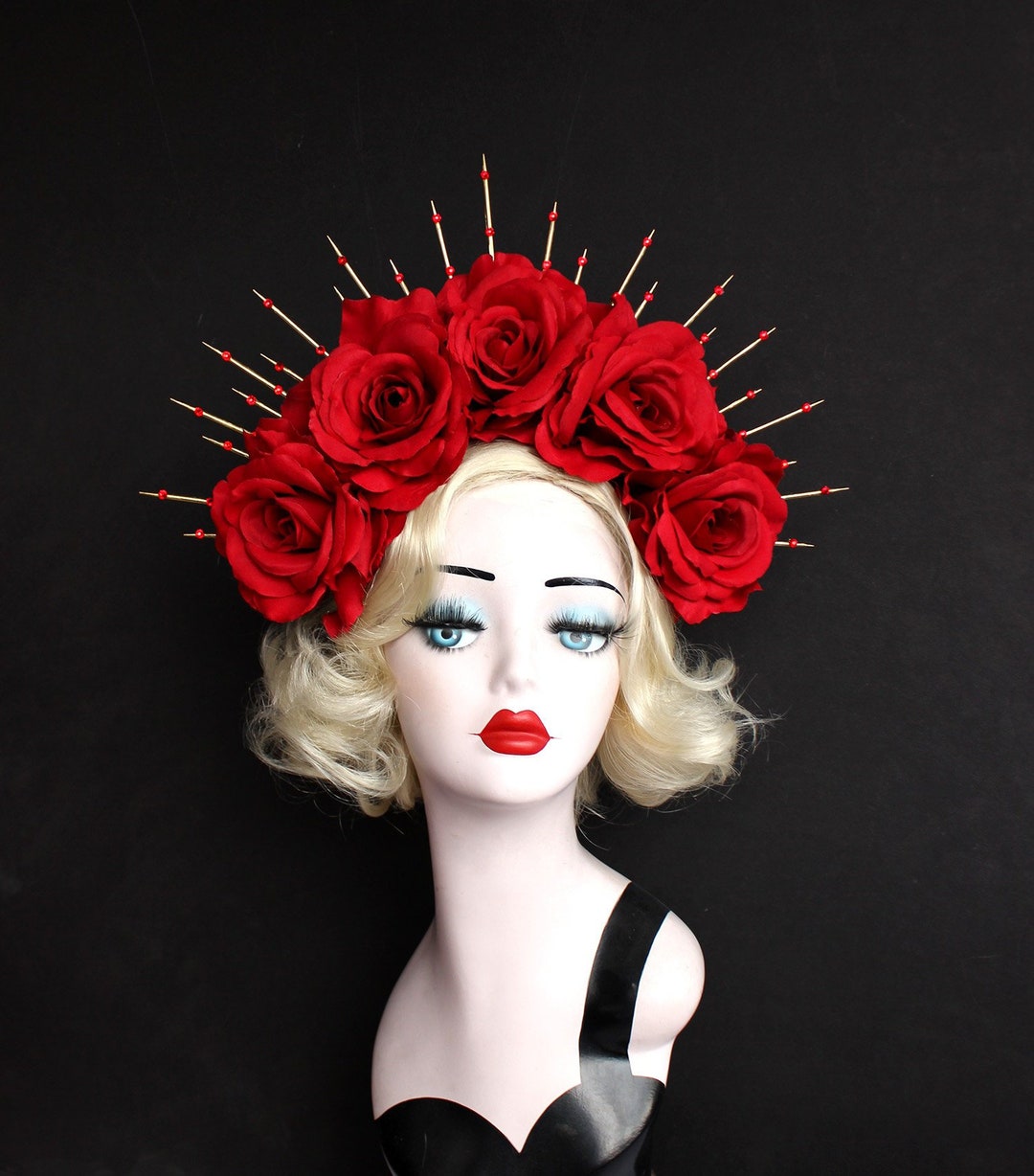 Large Red Rose Flower Crown With Red Crystals Gold Halo Etsy