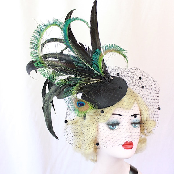 Black Feather Fascinator with Dotted Veil, Showgirl Peacock Headpiece, High Fashion Hat, Ascot Races, Kentucky Derby, Halloween Wedding