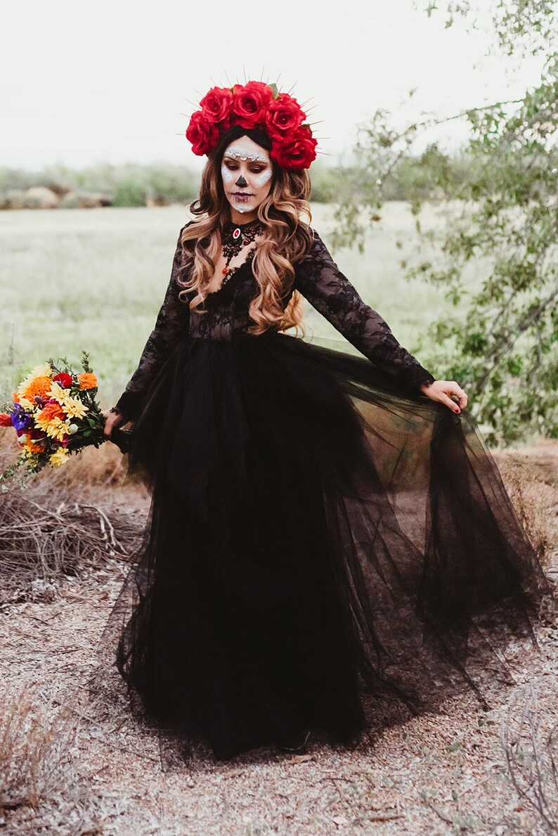 Day of the Dead Red Rose Flower Crown Gold Halo Crown Etsy