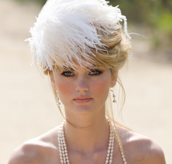 Ivory Feather Fascinator, Wedding Head Piece, Bridal Hair Accessory, Cream Puff, White, Champagne, Any Color, Batcakes Couture
