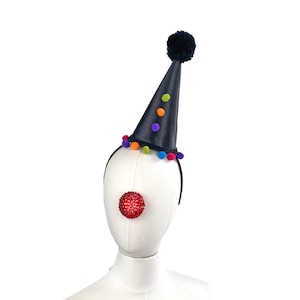 Black Goth Clown Hat, Classic Circus, Halloween Costume, Adjustable Headband, Theatrical Costuming,  Mini Clown Hat Headpiece