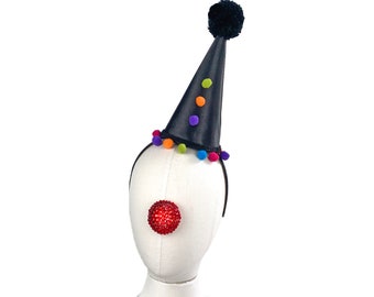 Schwarze Gothic Zirkus Clown Hut, Halloween Kostüm, verstellbares Stirnband, Theater Kostüm, Mini Clown Hut Kopfschmuck
