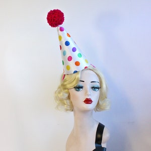 As Seen on Bailey Sarian ,Clown Hat, Birthday Party Hat, Circus Costume, Multi Colored Polka Dot, Halloween Costume, Scary Clown image 3