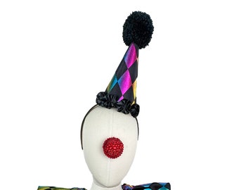 Harlekin Clown Hut, mehrfarbig auf Stirnband, schwarzer Clown Hut, Halloween-Kostüm