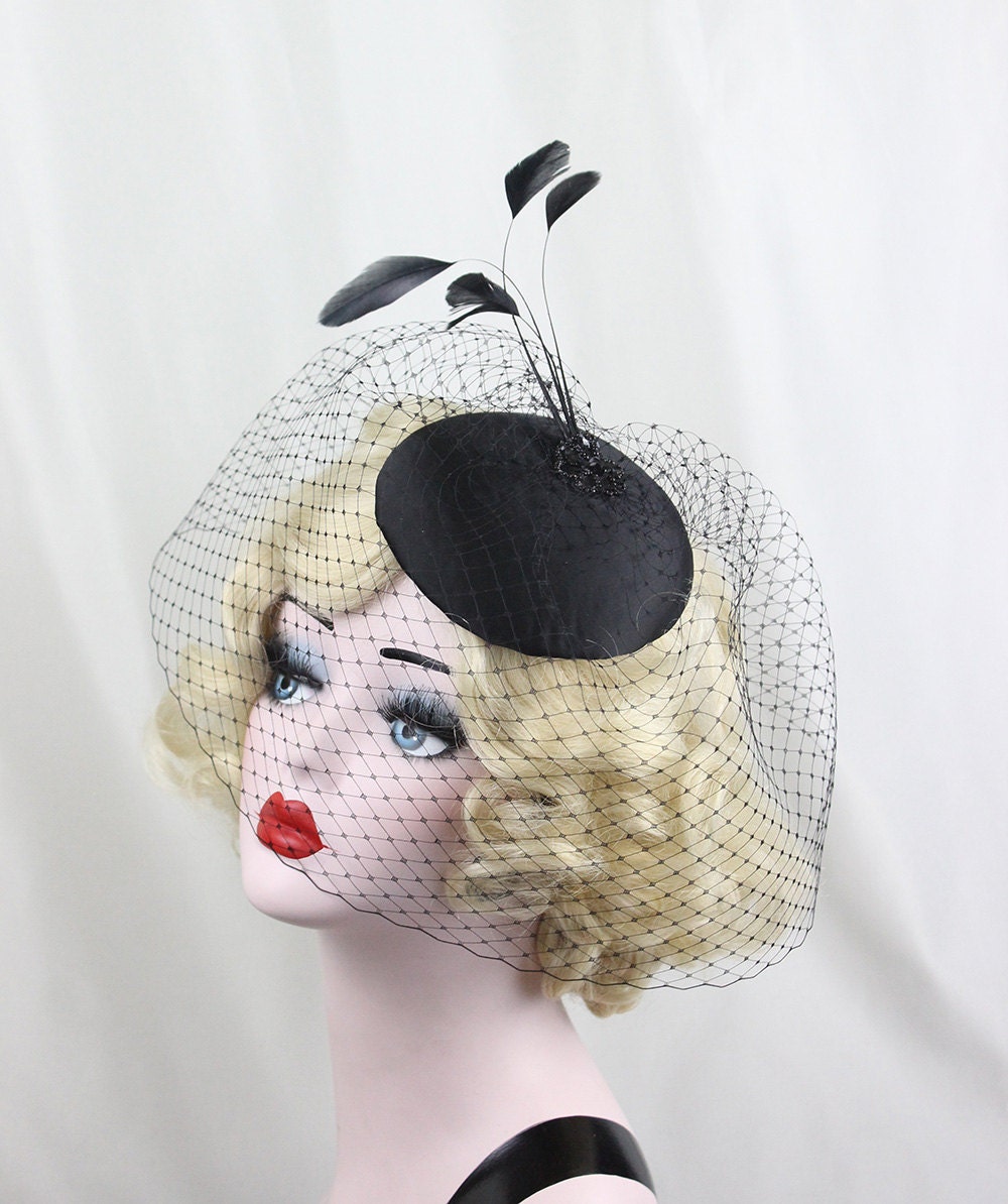 Black Birdcage Veil, Feather Fascinator, Cocktail Hat, Black 