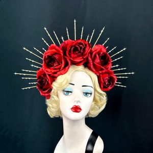 Extra Crystals, Deep Red Rose Flower Crown,  Gold Halo Crown, Bridal Crown,Day Of The Dead Headband, Virgin Mary Costume, Festival Wear