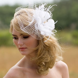Floral Hair Accessory - Ivory Bridal Veil - Feather Fascinator - White Birdcage Veil - Veil with Fascinator - Blusher Veil - Pearl Headpiece