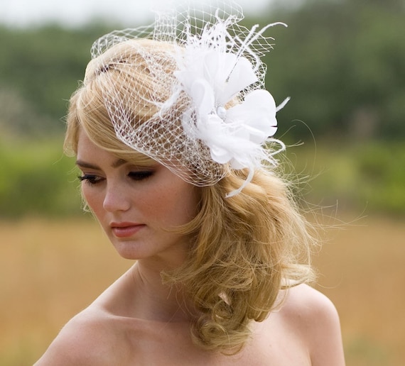 White Feather fascinator and birdcage wedding veil Amazon.com: Anglacesmade Bridal White Feather Hair Clip  main image 4