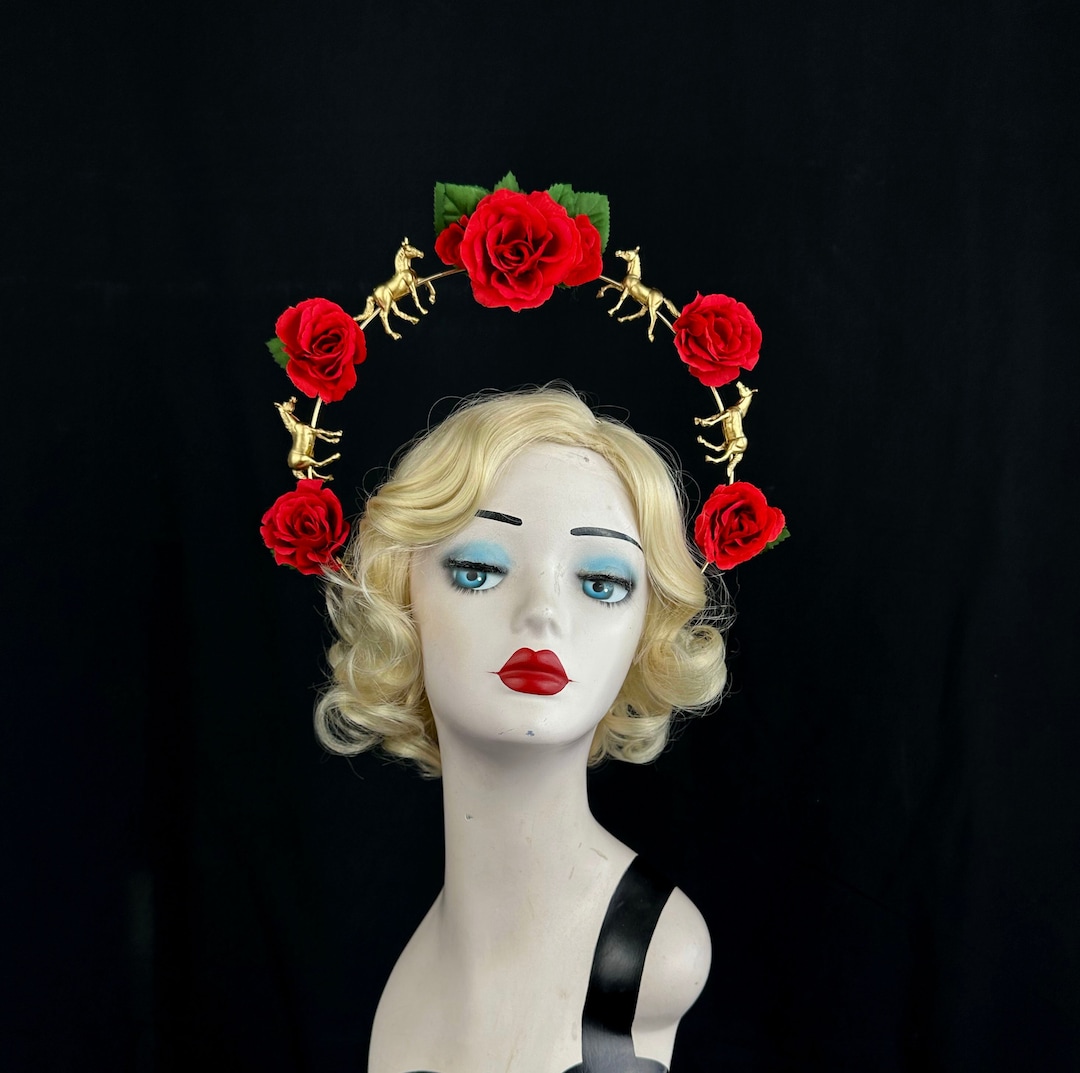 Silk Rose Headband With Gold Horses, Kentucky Derby Hair Accessory