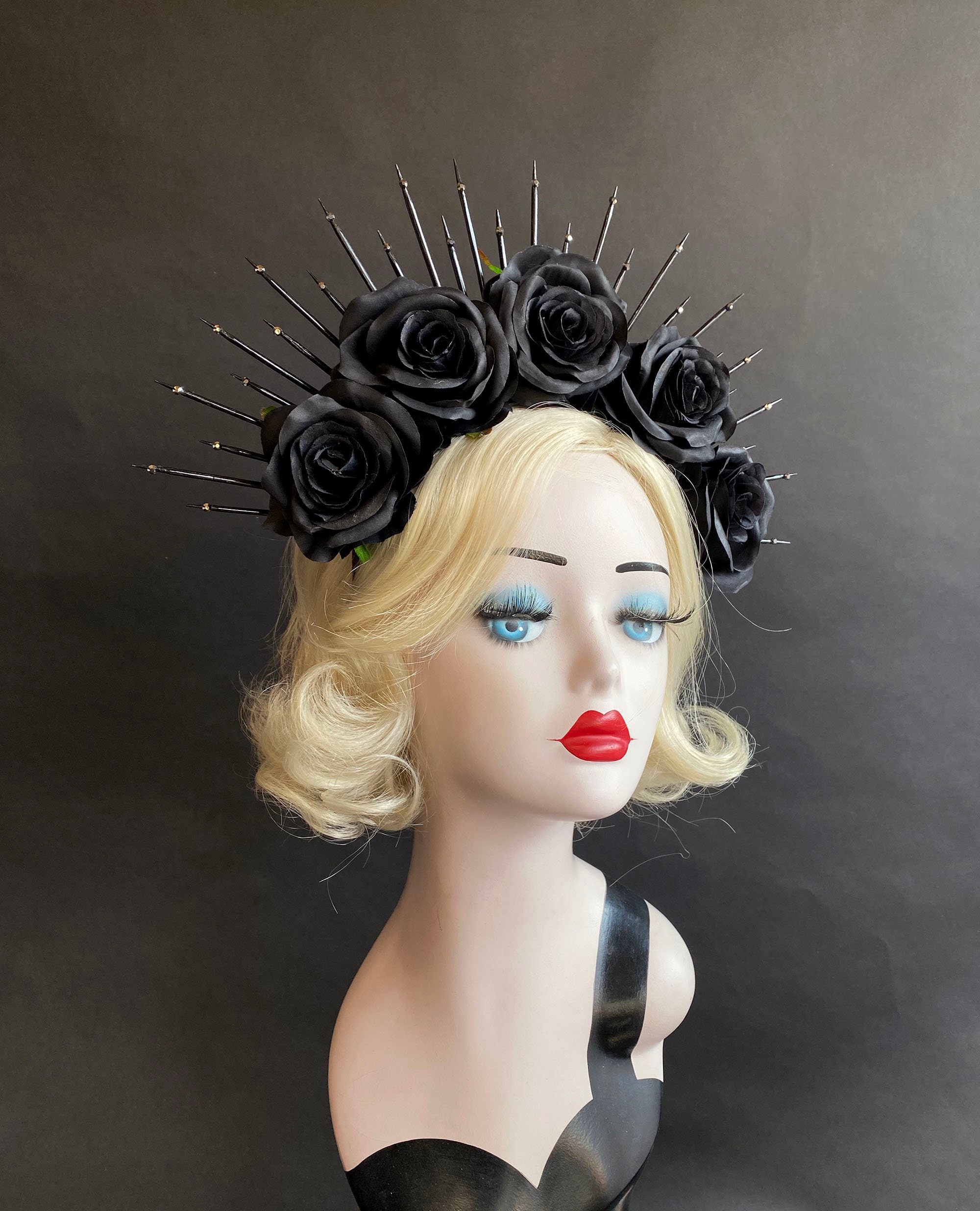 Black Rose Flower Crown W Crystals 4 Inch Gold Halo Etsy