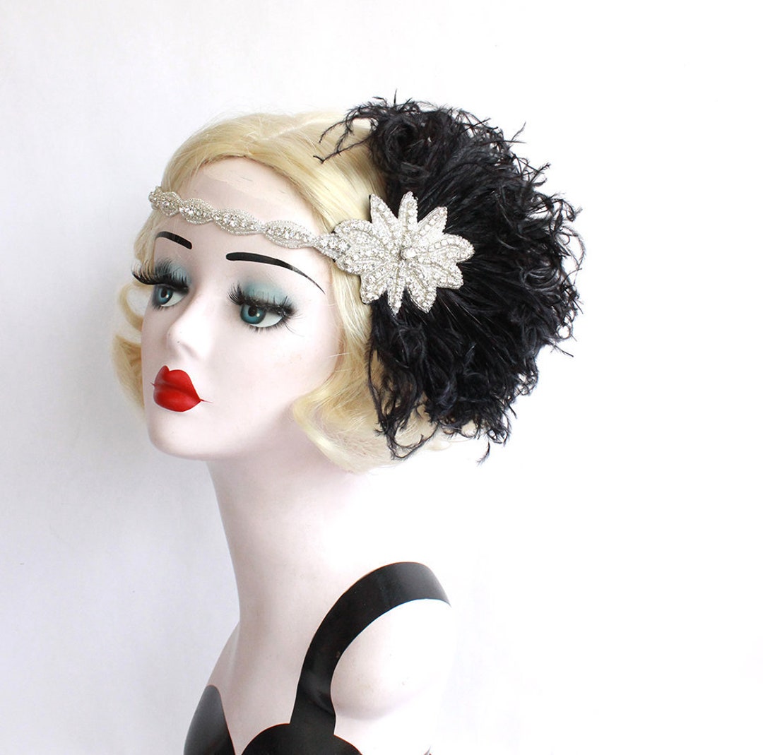 Great Gatsby Headpiece With Crystals, Black Feather Headband  display picture 3