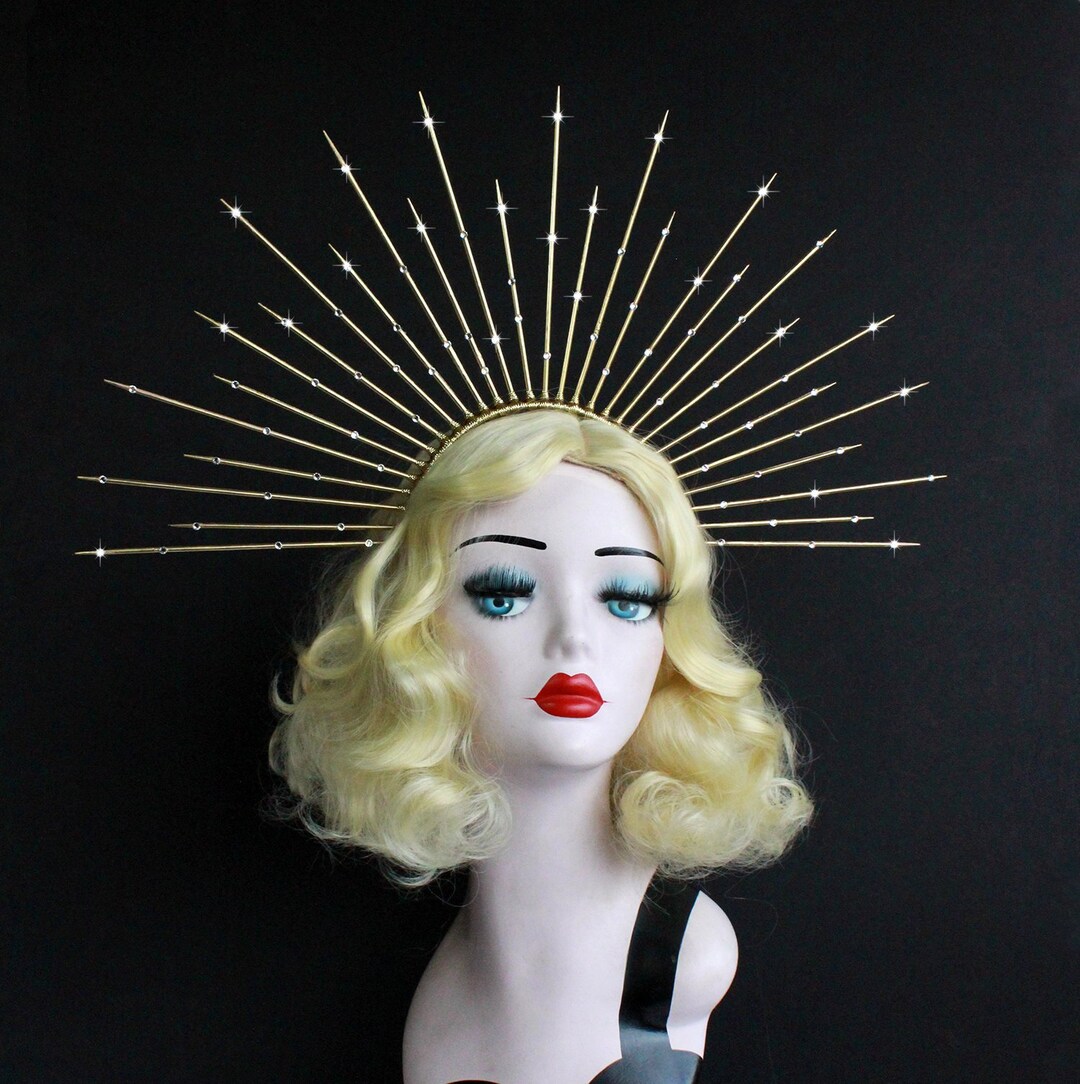 7 Gold Spike Crown Headband With Crystals, Halo Headpiece, Bridal