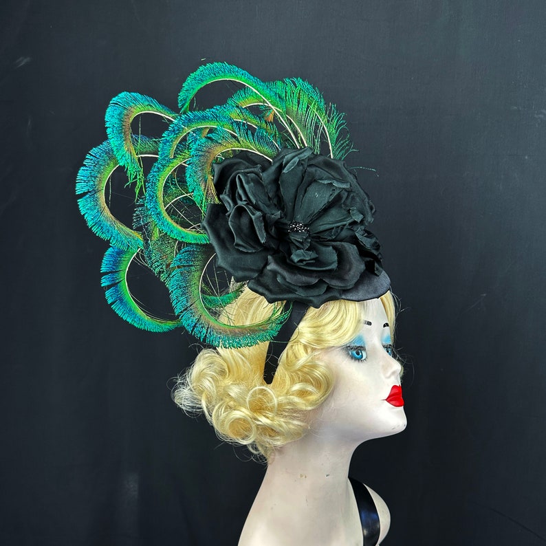 Peacock Feather Fascinator Hat with Black Silk Flower, Kentucky Derby Hair Accessory, Royal Ascot Races, Rose Headpiece, Gothic Wedding image 5