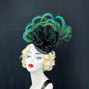 Peacock Feather Fascinator Hat with Black Silk Flower, Kentucky Derby Hair Accessory, Royal Ascot Races, Rose Headpiece, Gothic Wedding image 2