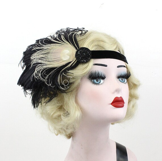 Peacock Gatsby Headpiece Flapper 1920s Costume Feather Headband Ivory Black