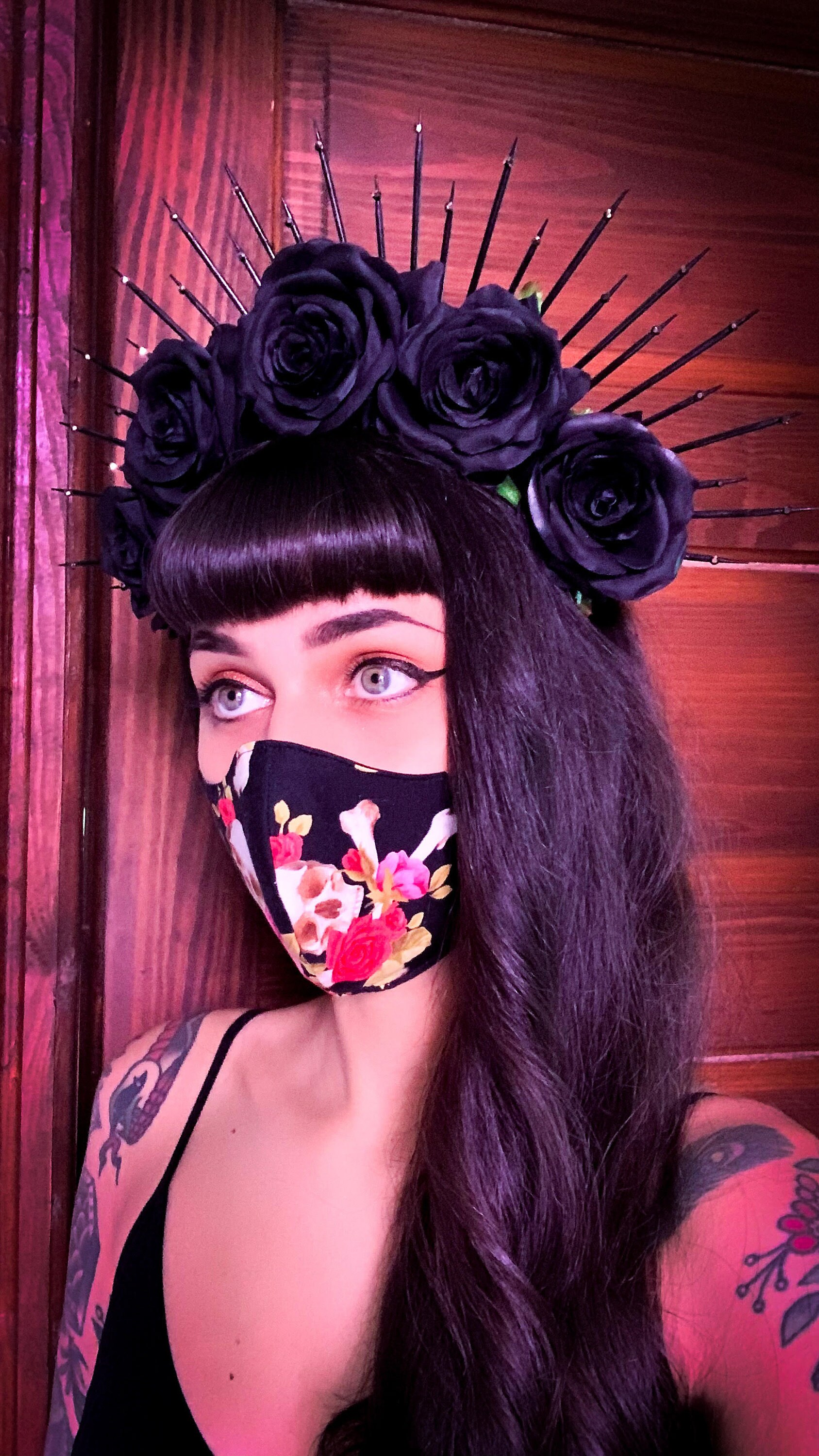 Black Rose Flower Crown W Crystals 4 Inch Gold Halo Etsy