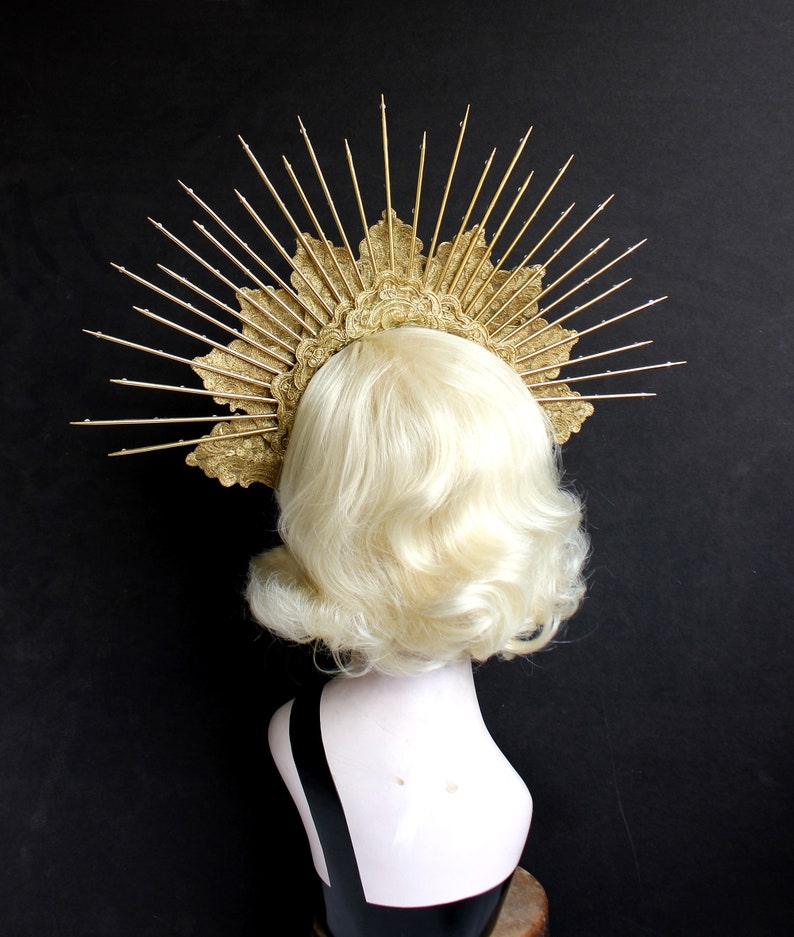 Virgin Mary Bridal Headdress Saints 6 Gold Spikes Halo Headpiece Large Goddess Crown Headband with Crystals Burning Man
