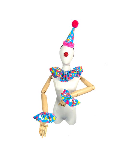 Blue and Pink Heart Clown Outfit, Hat, Collar, and Cuffs, Halloween Costume, Birthday, Vintage Circus Costume