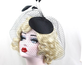 Black Birdcage Veil, Feather Fascinator, Cocktail Hat, Black Veil, Pin Up, Head Piece, 1940's Hat, Blusher Veil, Black Hat, Widows Veil