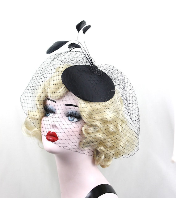 Black Birdcage Veil Feather Fascinator 