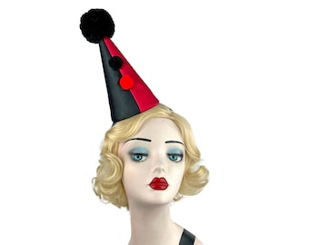 Half Black, Red Mini Clown Hat, Big Red Pom Topped, Halloween Costume, Circus Headpiece, Carnival Headwear, Birthday Party, Clowncore