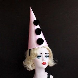 Large Pom Pom, Pink and Black Classic Clown Hat, Circus Costume, Halloween Costume, Cirque Costume, Retro Circus, Vintage Clown Hat