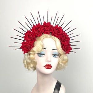 Red Velvet Rose Flower Crown, Black Halo Crown, Sugar Skull Flower Crown, Día de los Muertos Head Dress, Wedding Crown