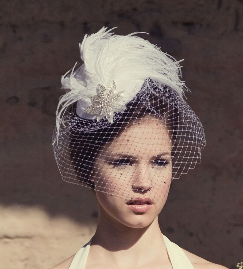 Batcakes Couture Bridal Hat Ivory Birdcage Veil Weddings Silver Screen Star Feather Fascinator