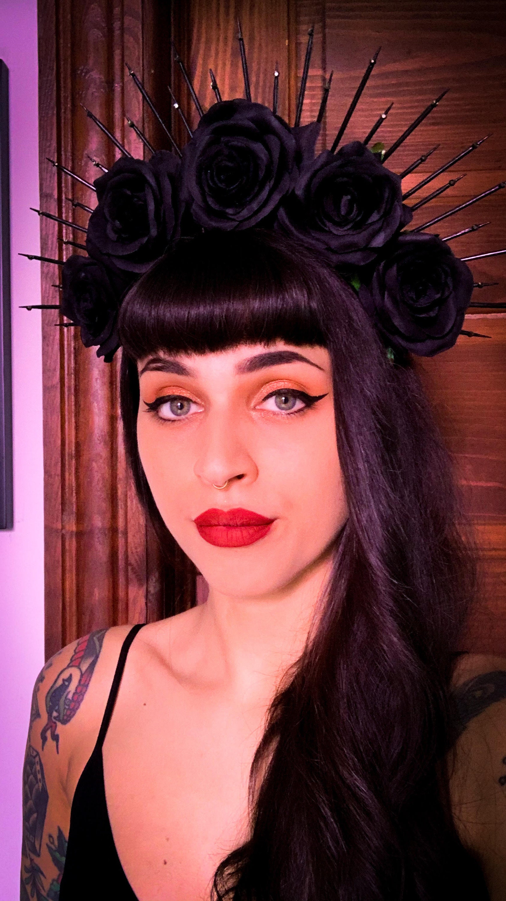 Black Rose Flower Crown W Crystals 4 Inch Gold Halo Etsy