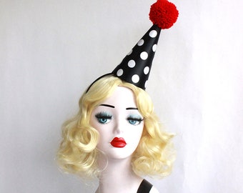 Mini Clown Hat, Black, White, and Red, Classic Circus, Halloween Costume, Adjustable Headband, Theatrical Costuming,