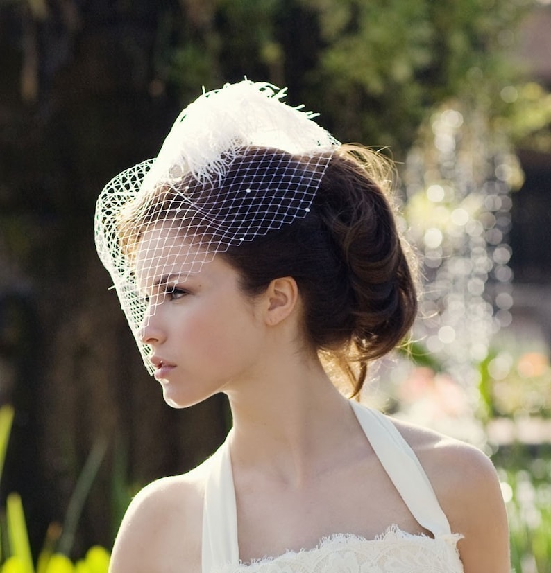 Batcakes Couture Bridal Hat Ivory Birdcage Veil Weddings Silver Screen Star Feather Fascinator