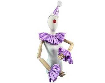 Vitt och lila satin clown tillbehörsset, hatt, halsband, manschetter, Halloweenkostym, vintagekarneval, clowncore cosplay, födelsedagsfest