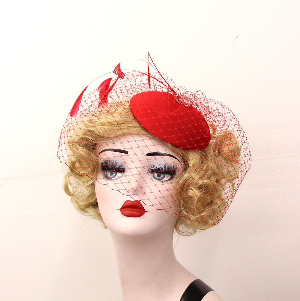 Red Hat Red Birdcage Veil Feather Fascinator Pin Up Head Etsy