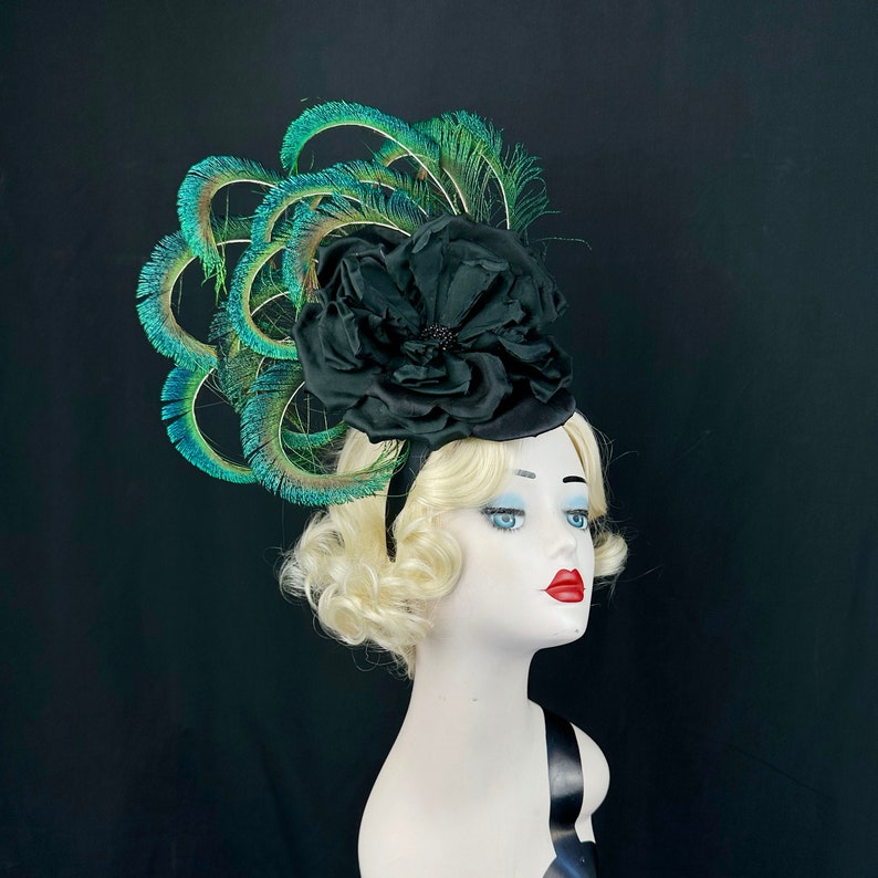 Peacock Feather Fascinator Hat with Black Silk Flower, Kentucky Derby Hair Accessory, Royal Ascot Races, Rose Headpiece, Gothic Wedding image 4