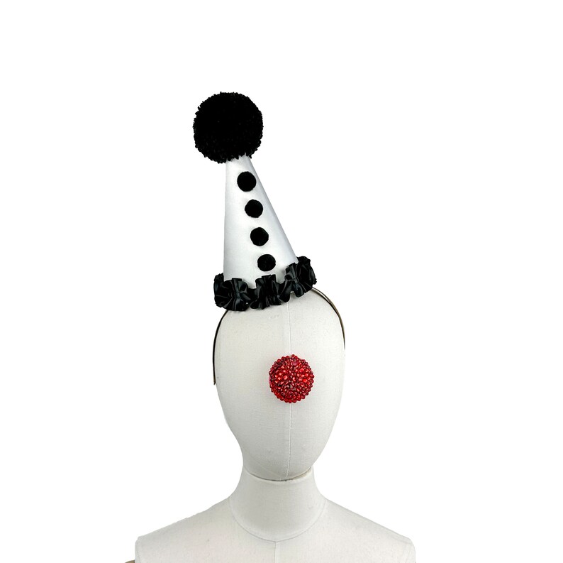 Clown Hat On Headband. Black and White, Circus Hair Accessory, Halloween Costume, Handmade Pom Pom, Birthday Party, Photo Prop image 5