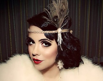 Great Gatsby Headpiece - Champagne Feather Fascinator - 1920s Flapper Headband - Pearl Hair Accessory - Girls Dance Costume