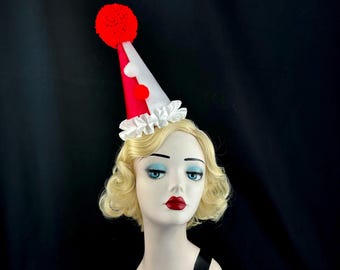 Red and White Clown Hat, Scary Clown Costume, Cirque Costume, Kid's Birthday Party Hat, Adult Halloween Costume, Mini Clown Hat