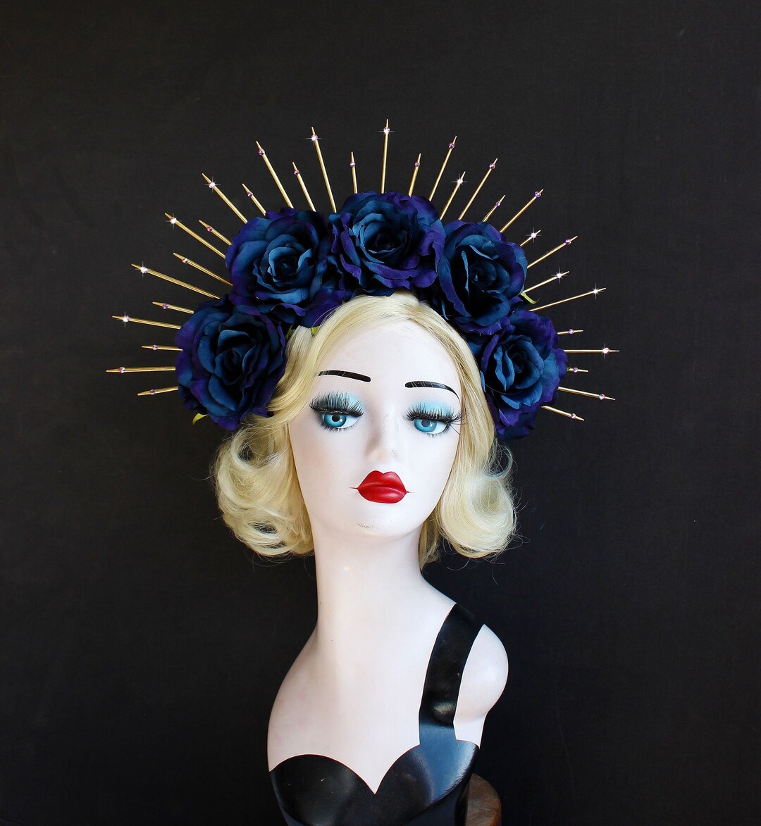 Blue Rose Flower Crown W Crystals, 5 Inch Gold Halo Crown, Bridal Crown