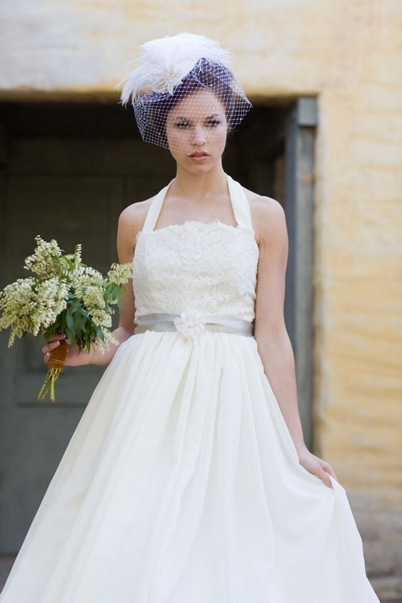 Batcakes Couture Bridal Hat Ivory Birdcage Veil Weddings Silver Screen Star Feather Fascinator