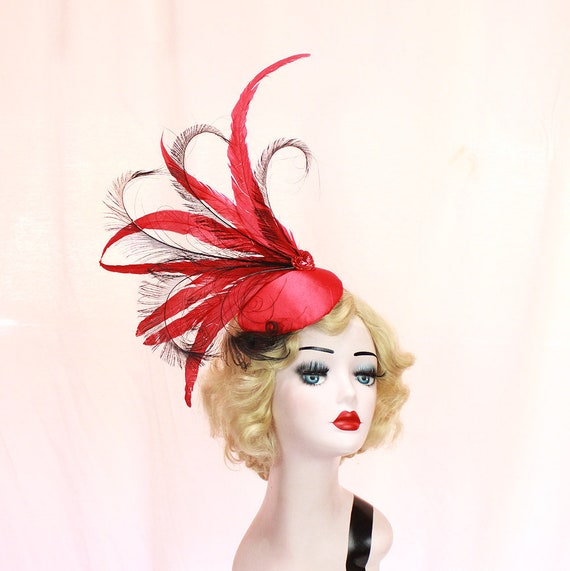 Vintage Red Ostrich Feather Fascinator Headband Showgirl Glamour Pick Colors-large Fountain Ostrich Feather and Sequin  main image 3