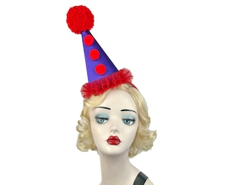 Purple with Red Tulle Trim Clown Hat, Scary Clown Costume, Cirque Costume, Kid's Birthday Party Hat, Adult Halloween Costume, Mini Clown Hat