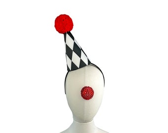 Mini Clown Hat, Black, White, Red,  Diamond Pattern, Circus, Halloween Costume, Adjustable Headband, Theatrical Costuming, Jester, ClownCore