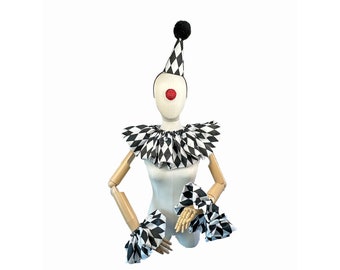 Ensemble costume de clown en satin blanc avec diamants noirs, costume d'Halloween, chapeau de clown, col, poignets, clown vintage, costume de cirque, arlequin